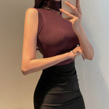 Turtleneck Sleeveless T Shirts Female Vintage Women Clothing 2023 Summer New Slim Tee Shirt Femme Fashion Korean Y2K Tops-Outfit