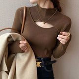 Hollow Out Pullover Women Sweaters Half Turtleneck Long Sleeve Knit Tops Elegant Jumper Autumn and Winter Clothes