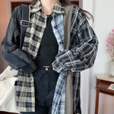 Patchwork Harajuku Oversized Shirt Men and Women Street Long Sleeve Lapel Autumn Blouse Casual Chic Button Plaid