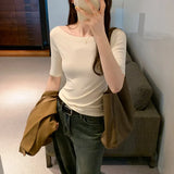 Solid Color Word Shoulder Slim Shows The Thin Bottom Shirt The Girl Autumn New Design Sense Middle Sleeve T-Shirt Hot Girl Blouse-Outfit