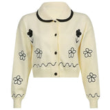 Autumn Casual Kawaii Cute Sweater Floral Embroidery Y2K Cropped Knitted Cardigan Button Up Long Sleeve Jumpers