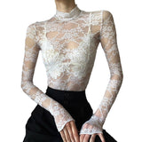 Solid Color Temperament Sunscreen Lace Lace Perspective Long-Sleeved Half-Neck T-Shirt Top