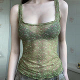 Square Collar Hot Girl Pure Desire Green Net Broken Flower Folded Through Sling Vest Perspective Dense Edge Sweet Spicy Wind Blouse-Outfit