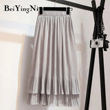 Vintage Pleated Skirt Women Ruffles Lining Chiffon Patchwork Black Casual Midi Skirts Long Korean Saias Mujer