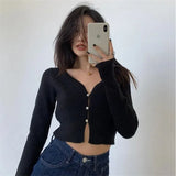 Spring V Neck Button Long Sleeve Sweaters Women Korean Style Thin Single Breasted Cardigans Lady Cropped