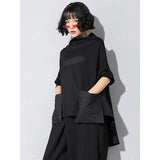 Women Black Loose Pocket Irregular Hem Big Size T-shirt New Turtleneck Long Sleeve Fashion Tide Spring Autumn 2023