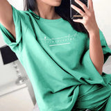 Letter Print Casual Women Suit Short Sleeve Oversized TShirt Elastic Slim Shorts Fashion Sreetwear Suit Two Pieces