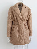 Thicken Waist Lace-up Parkas Women Long Sleeve Turn Down Collar Coat Female Slim Casual Elegant Windproof Warm