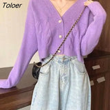 Oversize Women Autumn Cropped V-neck Adult Standard Lady Knitwear Popular Solid 2021 Purple Korean Style Lovely