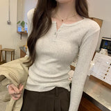 Super-Good-Looking Hollowed-Out Jacquard Three-Button Long-Sleeved T-Shirt Women's Spring And Autumn 2024 New Undershirt Blouse-Outfit