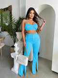 Summer Fashion 2 Two Piece Sets Outfits Women Sleeveless Backless Crop Top Flared Pants Pink Casual Matching Sets