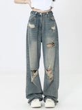 Toloer Wide Leg Broken Hole Jeans Female Spring And Autumn 2024 New Large Size Fat Mm Loose Show Thin Straight Tube Drag Floor Pants-Outfit