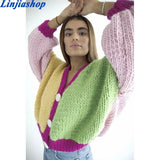Sweet Chic Contrast Colors Patchwork Handmade Cropped Cardigans Women Fashion Button-up Hand Knitted