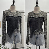 Shooting Fashion Leopard Tard Tard Babes Mesh Splicing Denim Irregular Bottom Shirt Short Top