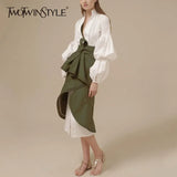 Skirt Two Piece Set Female V Neck Puff Sleeve Big Size Long Dress With High Waist Lace Up Ruched Irregular
