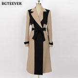Elegant Notched Collar Ladies Patchwork Windbreaker Full Sleeve Buttons Belted Women Long Trench Coats 2021