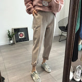 Winter Pencil Pants Thicken Warm Wool Solid Casual Loose High Waist Trousers Female Ankle-Length Straight Work Suit