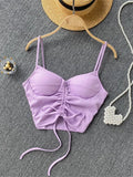Summer Streetwear Black Soild Corset Top Backless Cami Strap Drawstring Bandage V Neck Crop Top Women 2022 Pink Tops