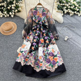 Retro Design Cross V-Neck Yarn Lantern Sleeve Strap To The Belt Print Big Swing Ponve