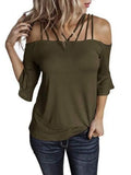 Summer Women's T-shirt Fashionable Temperament Commuter Shoulder Strap Trumpet Sleeve Loose Casual Joker T-shirt Women