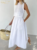Summer Stand Collar Shirts Women Two Piece Set Casual Loose High Waist Midi Skirts Set Elegant White Suits With