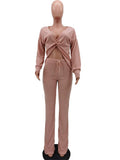 Fall Solid Thicker 2 Two Piece Sets Fall Outfit For Women 2023 Fashion Long Sleeve V Neck Crop Top And Pants Sets