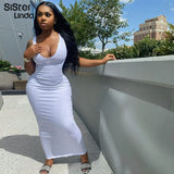 Summer Ribbed Knitted V Neck Black Long Dress Women Sleeveless Slim Party Club Elegant Female Bodycon Midi Dress Streetwear