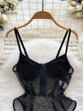 Sexy Bodycon Hollow Out Playsuits Female American Style Transparent Thin Jumpsuits Summer Mesh Lace Short