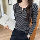 Is A Unique Korean Style Lazy Style Thin Long-Sleeved Striped T-Shirt, A New Slim Blouse For Women In Early Autumn.-Outfit