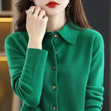 Elegant Wool Knit Cardigan Sweater Women Jacket Loose Polo Collar Outer Solid Button Knit Shirt Tops French Clothes