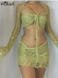 Summer Sexy Knit Bodycon Bandage Two Piece Skirts Set For Women 2023 Long Sleeve Backless Crop Top And Booty Mini