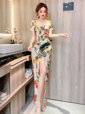 dresses for women 2023 Vintage V-Neck Folds Maxi Robe Elegant Sexy Street Clothes Floral Beach Vacation Female