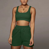 Solid Sportswear Two Piece Sets Women 2021 Crop Top And Drawstring Shorts Matching Set Summer Athleisure