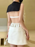 Slim Two Piece Set Women Round Neck Sleeveless Backless Tops High Waist Mini Skirt Patchwork Floral Sets Female