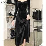 Sexy Velvet Dress Elegant Square Collar Women Bow Long Sleeve Bodycon Punk Rave Party Clubwear Aesthetic
