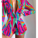 Women's Suit Office Sets Women Long Sleeve Button Slim Blazer Coat + Short Pants Two-piece 2022 Fashion Print