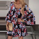 Bohemian Women Floral Printed Dress 2022 Celmia Summer Lace Up V Neck Beach Party Mini Vestidos Elegant Flared Sleeve