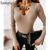 V Neck Black White Khaki Chain Knitted Split Long Sleeve T Shirts Women Tops Patchwork Skinny Basic Tees Autumn