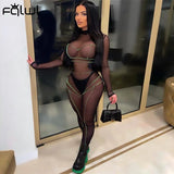 Summer Sexy Black Patchwork Bodycon Jumpsuit Women Long Sleeve Mesh One Piece Outfits Rompers See Though Jumpsuits