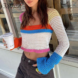 Knitted Long Sleeve Crop Top Women Beach Autumn Summer Patchwork Vintage Green Casual T Shirts Sexy