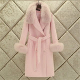 Women Woolen Coat 2019 Winter New Slim Solid Pocket Double-Breasted Big Fur Collar Thick Warm Woolen Coat Female