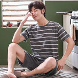 Men Pajama Sets Cotton Male Short Sleeve O-Neck Striped Pyjama Set For Man Summer Sleepwear Suit Leisure Homewear