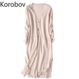 Korean Single Breasted Long Sweater Women Summer Long Sleeve Knit Cardigan Pockets Oversize Sueter Mujer