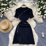 Temperament Half-High Collar Short-Sleeved Dress Female Design Button-Skinny Open Fork Medium Long Knitting