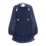 TWOTWINSTYLE Backless Mini Dress For Women Round Neck Lantern Sleeve High Waist Solid Minimalsit Dresses Female Spring
