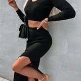 And Winter 2025 New Women's Pure Color Knitted Round Collar Collar Collar Long Sleeve Open Fork Dress Two Sets Of