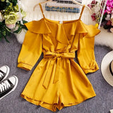 2020 Spring Summer New Chic Women Playsuits Sexy Off Shoulder Elegant Ruffles Solid Jumpersuits Lace Up Bow