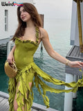 Y2K Halter Party Dress Women Backless Chic Irregular Tassel Hem Summer Sexy Birthday Party Split Midnight Club Bodycon-Outfit