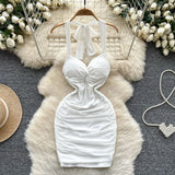 Wind Hanging Neck Sling Dress Women Summer Shiny Folds Design Ass Short