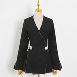 Casual Black Blazer For Women V Neck Long Sleeve Side Split Korean Slim Blazers Females 2021 Spring Fashion